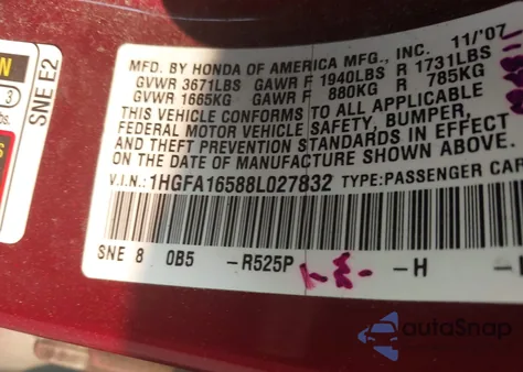 2008 Honda Civic Lx from USA, damaged, VIN 1HGFA16588L027832